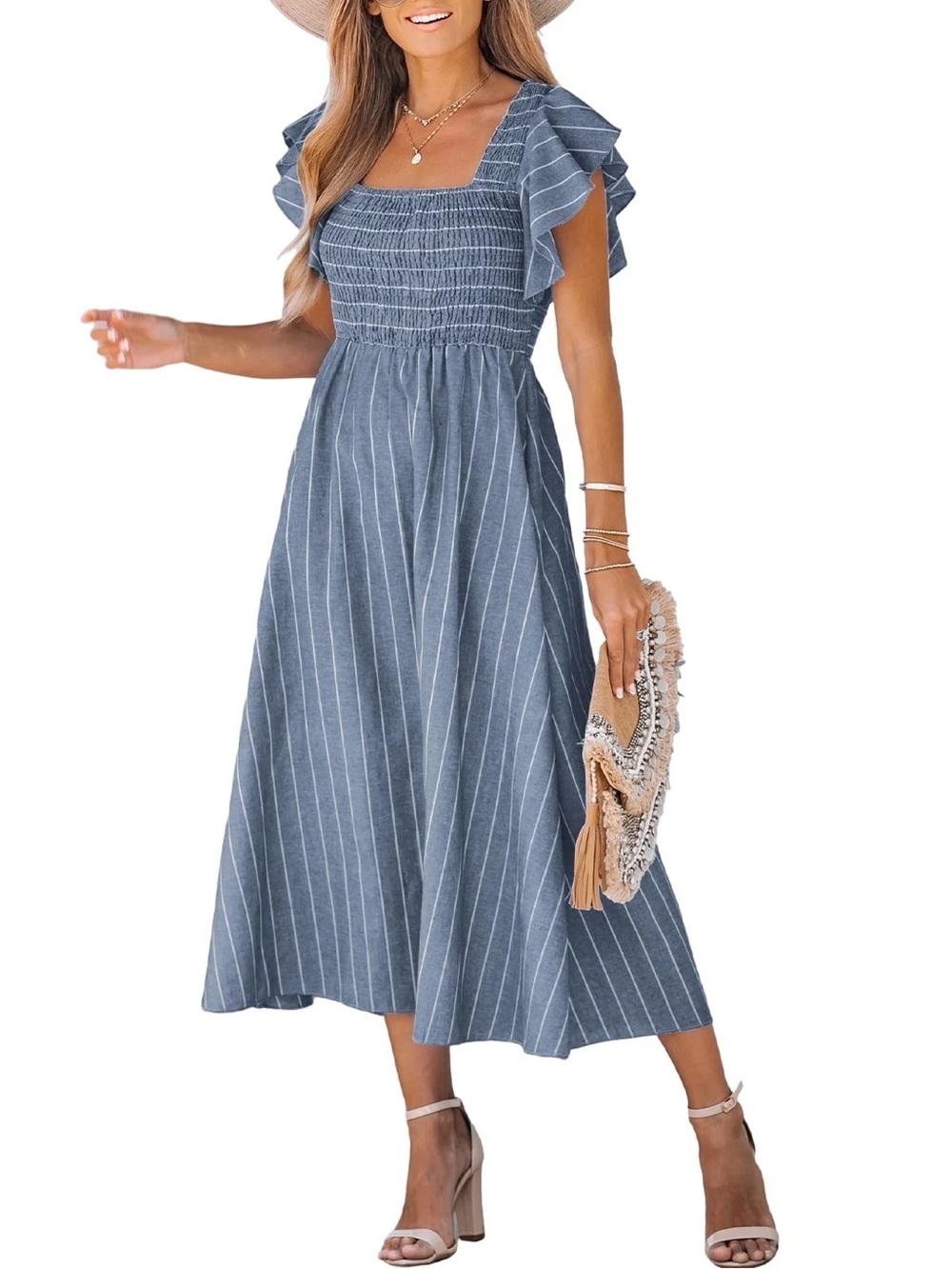 Simplee Amazon Blue Striped Smocked Midi Dress Size L -Runs Small